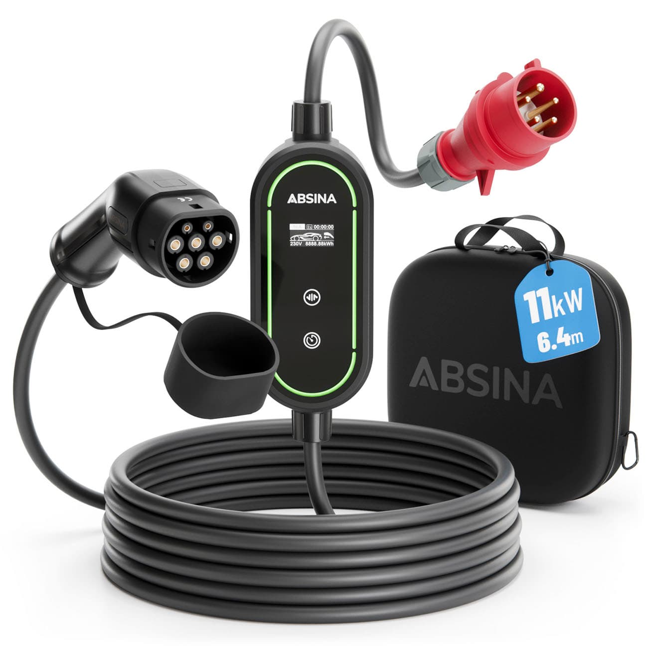 Boîtier mural mobile Absina 11 kW Type 2 et CCS2, 400 V CEE, 6 à 16 A, câble de 6,4 mètres