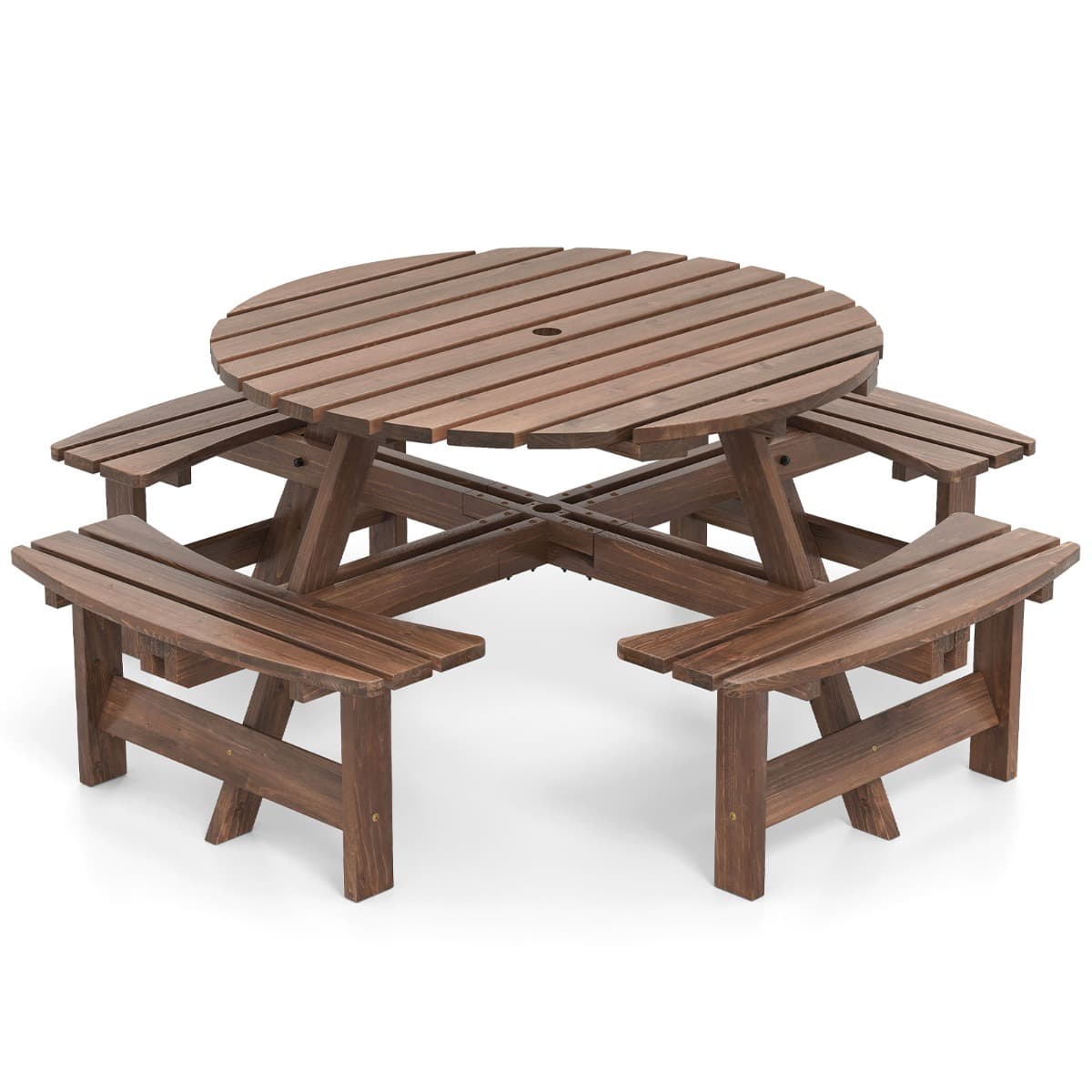 CostwayEnsemble Table de Pique-Nique en Bois pour 2 à 8 Personnes Set Table et Banc Circulaire avec 4 Bancs Intégrés Trou de Parasol de 5cm Marron